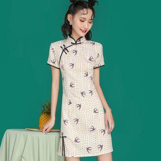 Bird Print Short-sleeve Mini A-line Qipao