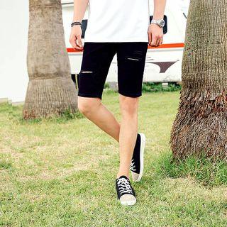 Band-waist Distressed Slim-fit Shorts