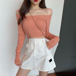 Long-sleeve Off Shoulder T-shirt Pink - One Size