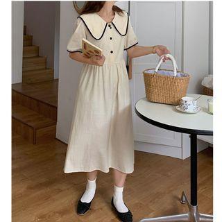 Elbow-sleeve Collar Contrast Trim Midi A-line Dress Almond - One Size