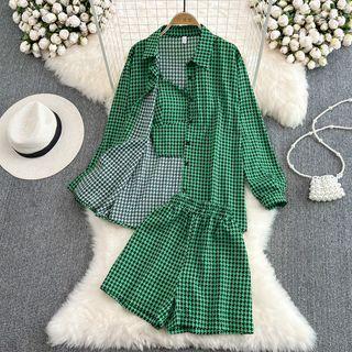 Set: Houndstooth Camisole + Shirt + Wide Leg Shorts