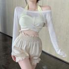 Lace Trim Shorts / Cropped Halter Top / Long-sleeve Wrap Cropped T-shirt