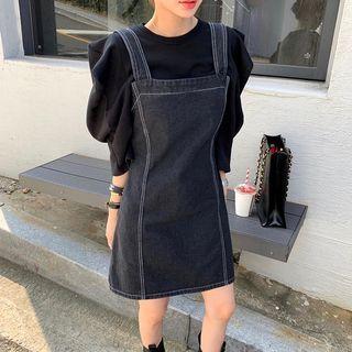 Puff-sleeve Plain Blouse / Denim Jumper Dress
