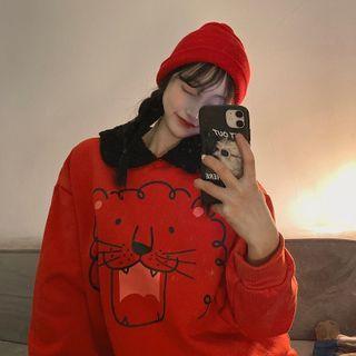 Collared Cartoon Print Sweatshirt Red - One Size