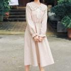 Long-sleeve Plaid Tie-neck A-line Midi Dress