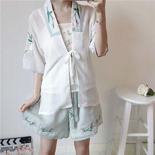 Embroidered Camisole / Wide Leg Shorts / Light Jacket / Set