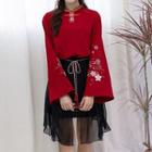 Set: Floral Embroidered Bell-sleeve Blouse + Tasseled A-line Skirt