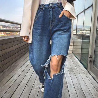 Adjustable-waist Cutout-knee Wide-leg Jeans