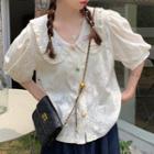 Elbow-sleeve Frill Trim Collar Blouse Almond - One Size