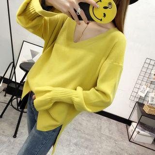 Plain V-neck Bell-sleeve Sweater