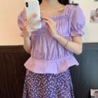 Square-neck Short-sleeve Blouse / Flower Print Midi A-line Skirt