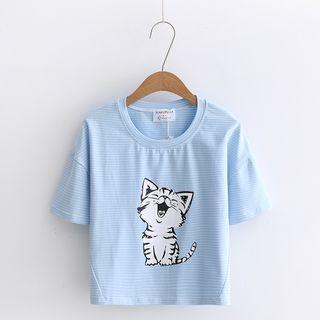 Cat Print Striped Short-sleeve T-shirt