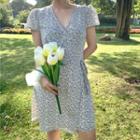 Short-sleeve Floral Print Mini A-line Dress Floral - Light Blue - One Size