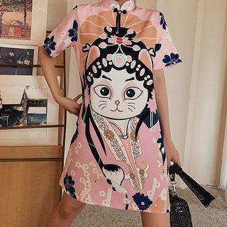 Short-sleeve Cartoon Print Qipao Cat - One Size