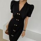 Puff-sleeve Button-trim Slit-front Dress