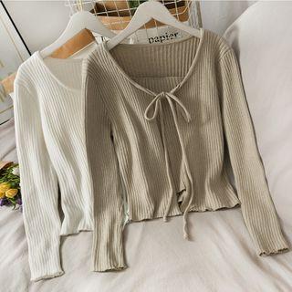 Set: Rib-knit Camisole + Tie-front Light Cardigan In 6 Colors