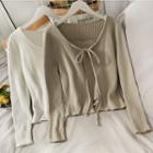 Set: Rib-knit Camisole + Tie-front Light Cardigan In 6 Colors