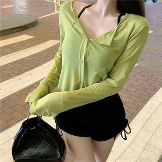 V-neck Plain Button-up Oversize Top
