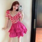 Short-sleeve Floral Knit Top / A-line Skirt