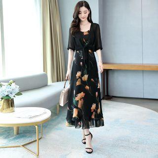 Set: Spaghetti Strap Floral Midi A-line Dress + Light Jacket