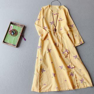 Long-sleeve Floral Embroidered Midi Dress
