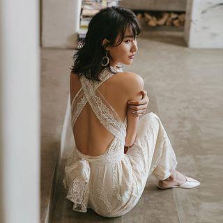 V-neck Sleeveless Lace Wide-leg Jumpsuit