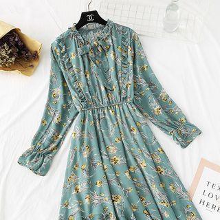Tie-neck Leaves Pattern Chiffon Maxi Dress
