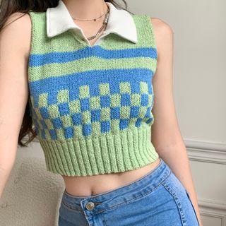 V-neck Checkerboard Print Cropped Sweater Vest Green - One Size