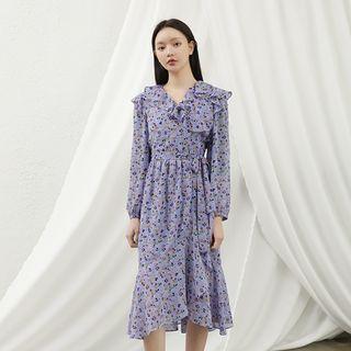 Set: Ruffled Floral Long Wrap Dress + Slipdress Lavender - One Size