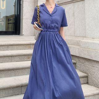 Short-sleeve Plain Maxi Shirt Dress