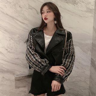 Tweed Panel Faux Leather Jacket Black - One Size