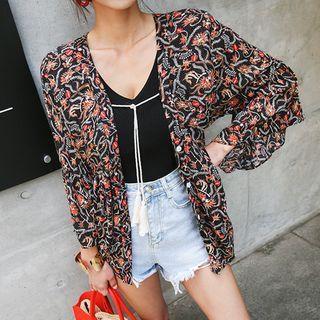 Tassel-neck Floral Empire Blouse