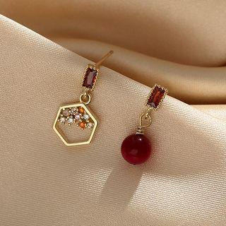 Hexagon & Bead Asymmetrical Alloy Dangle Earring