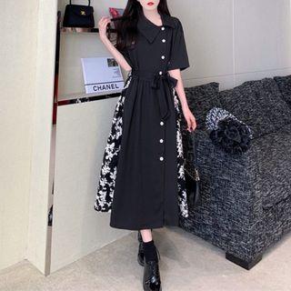 Short-sleeve Tie-waist Floral Print Midi Shirt Dress