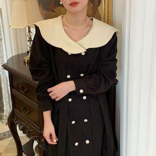 Long-sleeve Wide-collar Double-breasted Midi A-line Dress
