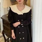 Long-sleeve Wide-collar Double-breasted Midi A-line Dress