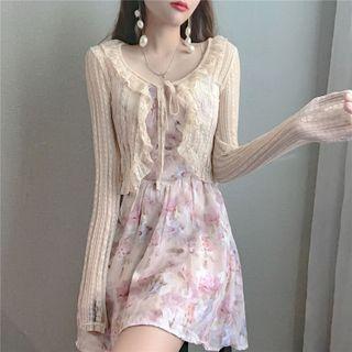 Long Sleeve Ruffle Trim Lace Plain Cropped Cardigan