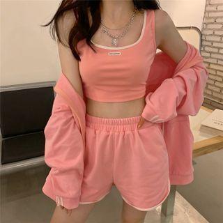 Contrast Trim Cropped Tank Top / Long-sleeve Plain Zip Hooded Jacket / Shorts