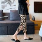 Band-waist Slit-side Leopard Skirt Brown - One Size