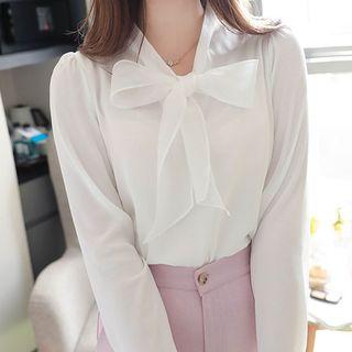 Tie-neck Puff-shoulder Sheer Blouse