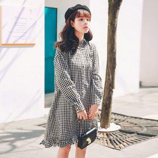 Long-sleeve Plaid Shirtdress Black - One Size