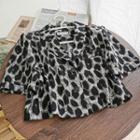 Leopard Print Short-sleeve Blouse Gray - One Size
