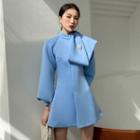 Brooch Accent Long-sleeve A-line Dress
