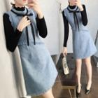 Mock-neck Long-sleeve Knit Top / Bow Accent Pinafore Dress / Set