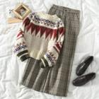 Pattern Sweater / Plaid Straight-leg Pants