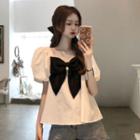Square-neck Color Block Bow Puff-sleeve Top