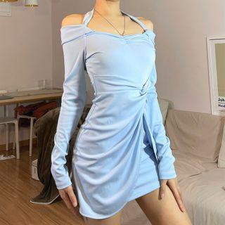 Long-sleeve Halter Plain Dress