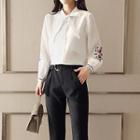Set: Tie-neck Embroidered Shirt + Boot-cut Pants