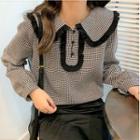 Long-sleeve Wide-collar Houndstooth Blouse Houndstooth - Black & White - One Size