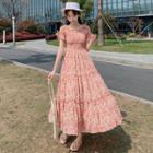 Short-sleeve Floral Print Tiered Maxi A-line Dress